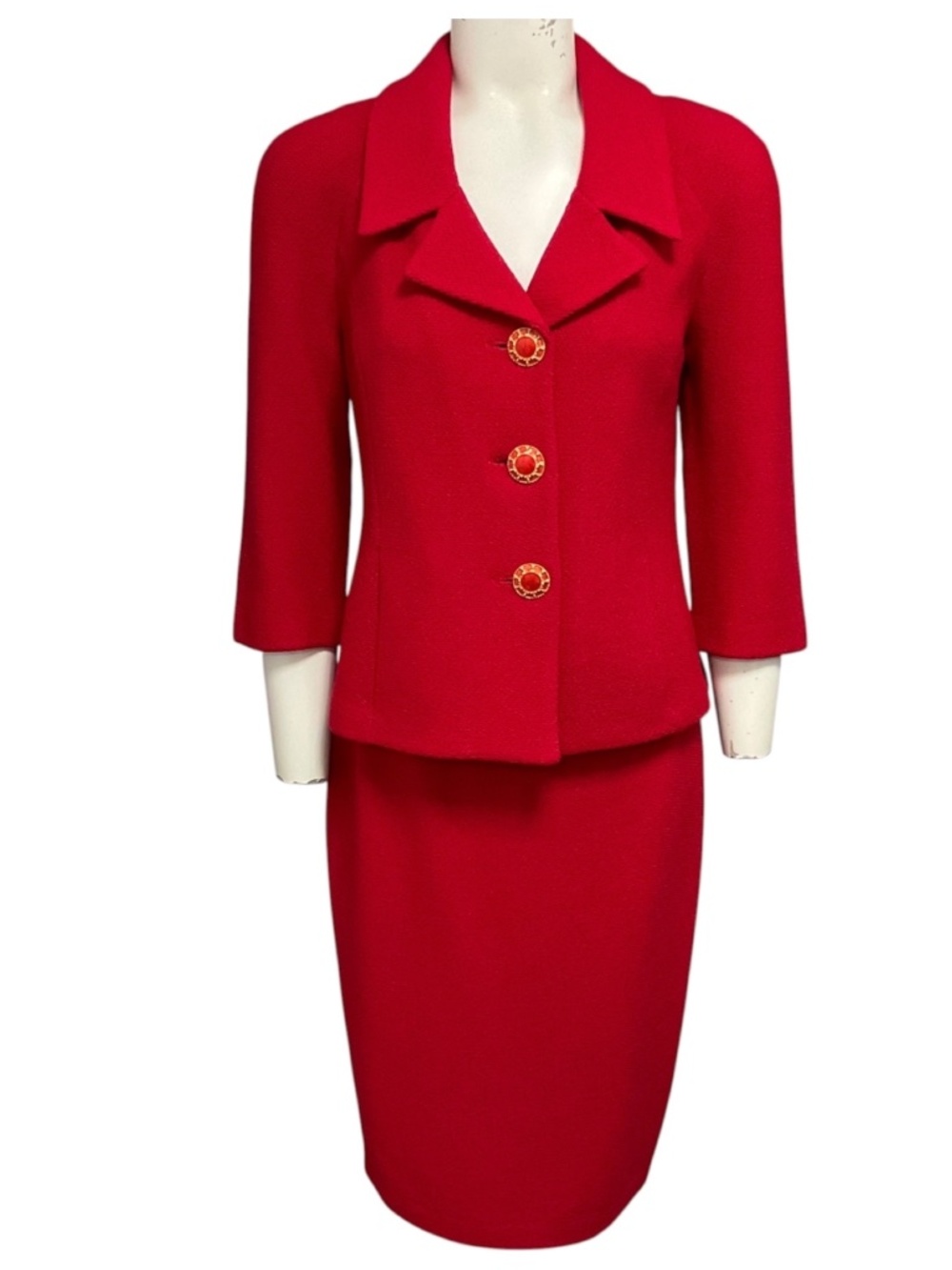 ST. JOHN CERISE RED WOOL KNIT JACKET AND SKIRT SUIT SET